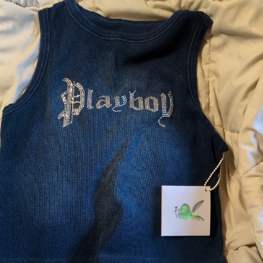 PLAYBOY Blue Ribbed Tank Top with Gothic Logo
